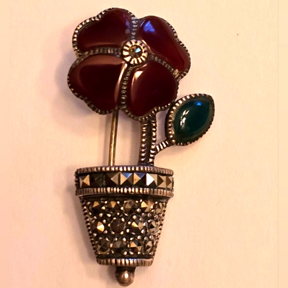 unbranded Jewelry - Sterling Pin Marcasite & Jasper Flower in Flowerpot